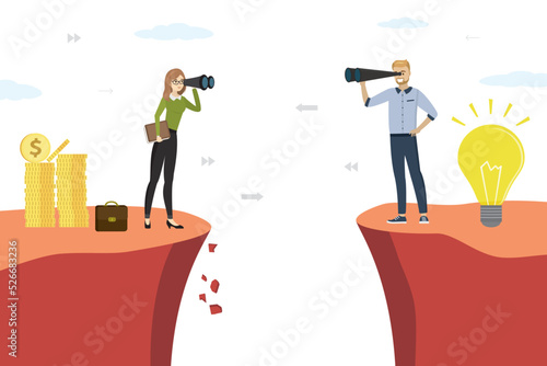 Male innovator and woman investor are looking for each other. New start-up looking for funding. Business people near abyss. Businessmen are watching with binoculars. Vision, business strategy