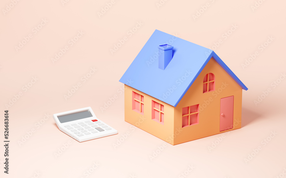 A house and a calculator, calculate the price of a house, 3d rendering. A house and a calculator, calculate the price of a house, 3d rendering.