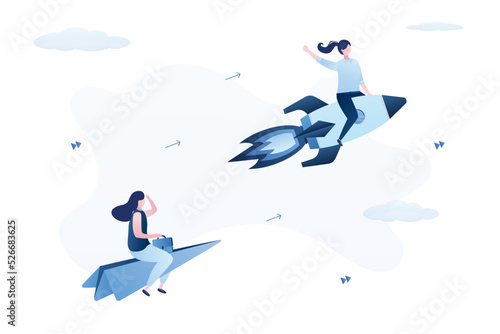 Businesswoman riding fast rocket, loser lady flying on paper plane. Business competition, leadership. Winner or competitive advantage to success in work, innovation and motivation concept.