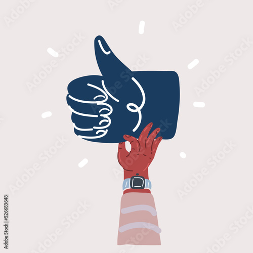 Vector illustration of Hands holding thumb up symbol. Rate on social media, like or dislike sign, good or bad, right, yes