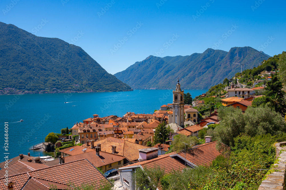 The town of Colonno, on Lake Como, and a section of the Greenway, photographed in summer.
