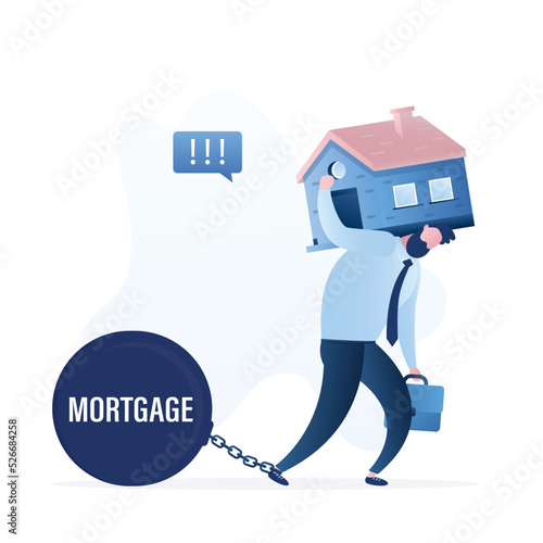 Mortgage burden, financial problems. Borrower is chained to large load. High repayments on home loans. Unhappy businessman carrying heavy building on his back.
