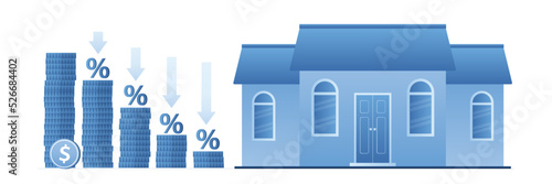 Mortgage, concept. House purchase debt. Stacks of money, lowering interest rate on mortgage. Affordable lending. Buy real estate and pay credit to bank. Property money investment.