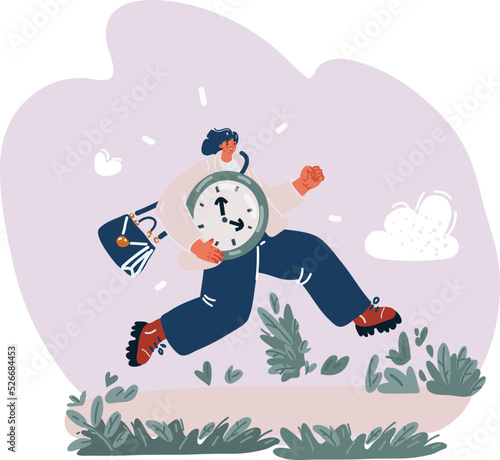 Vector illustration of woman running with the big clock in her hands. Concept lack of time. Very busy run.
