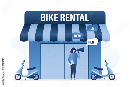 Motorbikes for rent. Bike parking. Building for scooter rental service, transport business. Small local business. Promotion campaign, marketing. Woman promoter uses megaphone.