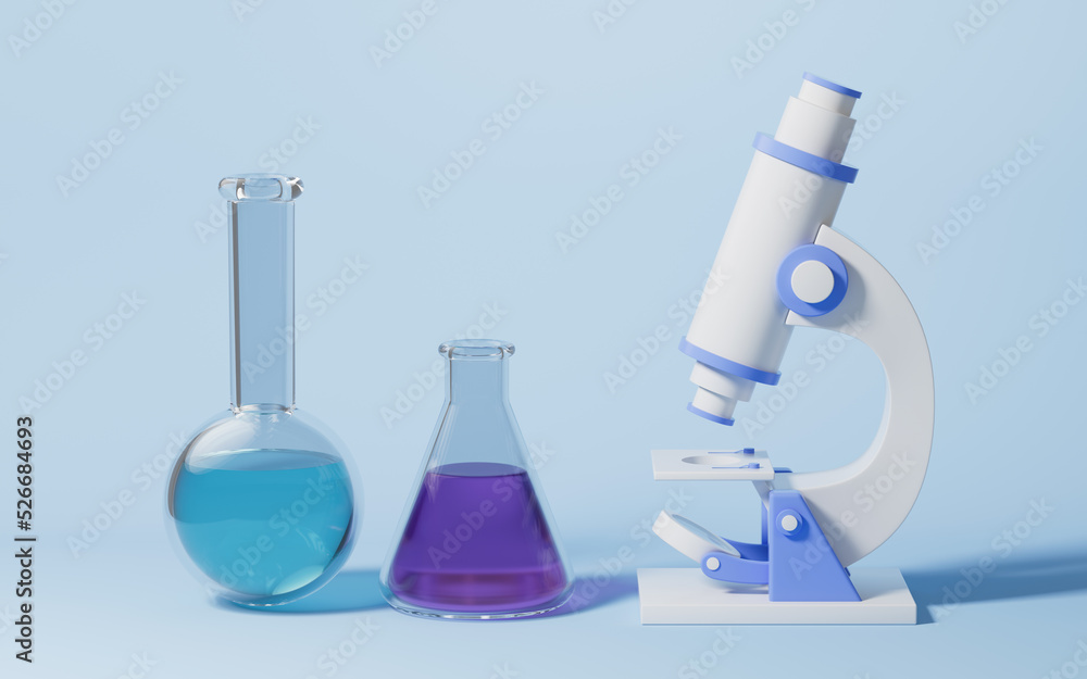 Glassware and microscope with blue background, 3d rendering. Glassware and microscope with blue background, 3d rendering.