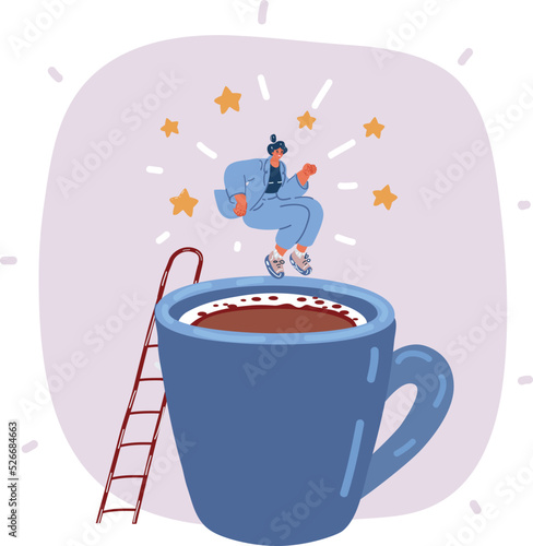 Vector illustration of Tired Exhausted Sleepy Woman Is Jumping Into A Big Cup Of Coffee