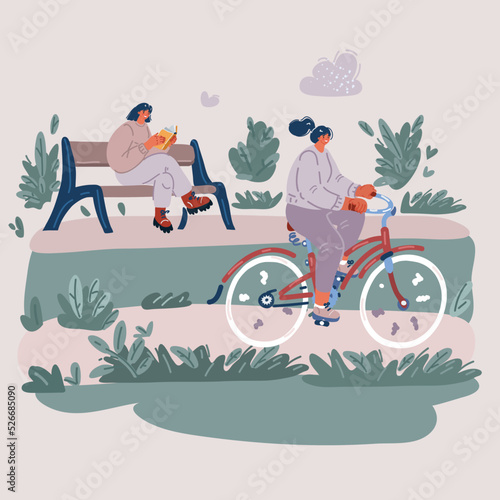 Vector illustration of woman riging the bike in the park. Anothe person read the book on bench photo