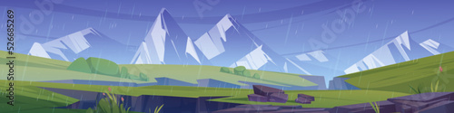 Mountain landscape with meadows and chasms in rain. Summer panorama with white rocks on horizon, green grass and land cracks after earthquake at rainy weather, vector cartoon illustration