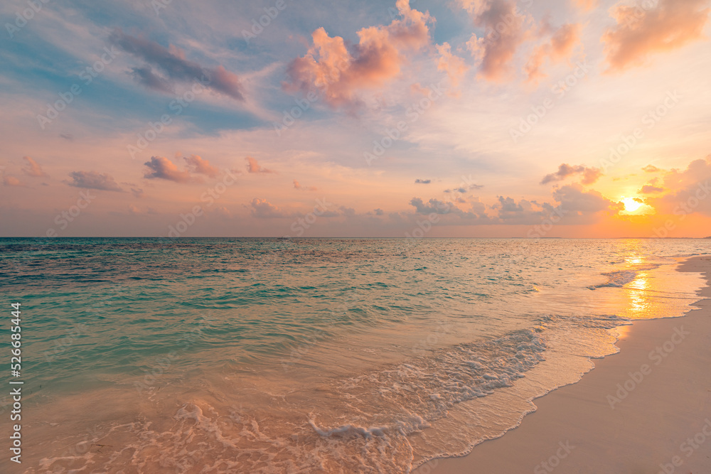 Closeup sea sand beach. Panoramic beach landscape. Inspire tropical beach seascape horizon. Golden dream sunset sky, calm tranquil relaxing sunlight summer shore waves. Vacation travel holiday banner