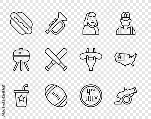 Set line Paper glass with straw, Cannon, Benjamin Franklin, American Football ball, Hotdog sandwich, Crossed baseball bat, Calendar date July 4 and USA map icon. Vector