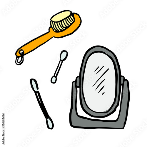Cartoon bathroom accessories vector icons. Mirror, ear sticks, cotton swab vector and brush