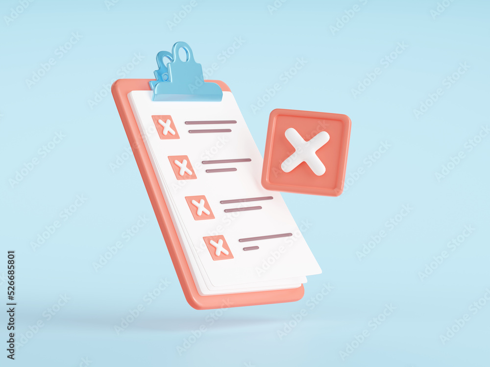 Denied checklist, clipboard with paper notes with cross marks in list isolated on background. Icon of wrong office document, rejected report, incorrect test, 3d render illustration Denied checklist, clipboard with paper notes with cross marks in list isolated on background. Icon of wrong office document, rejected report, incorrect test, 3d render illustration