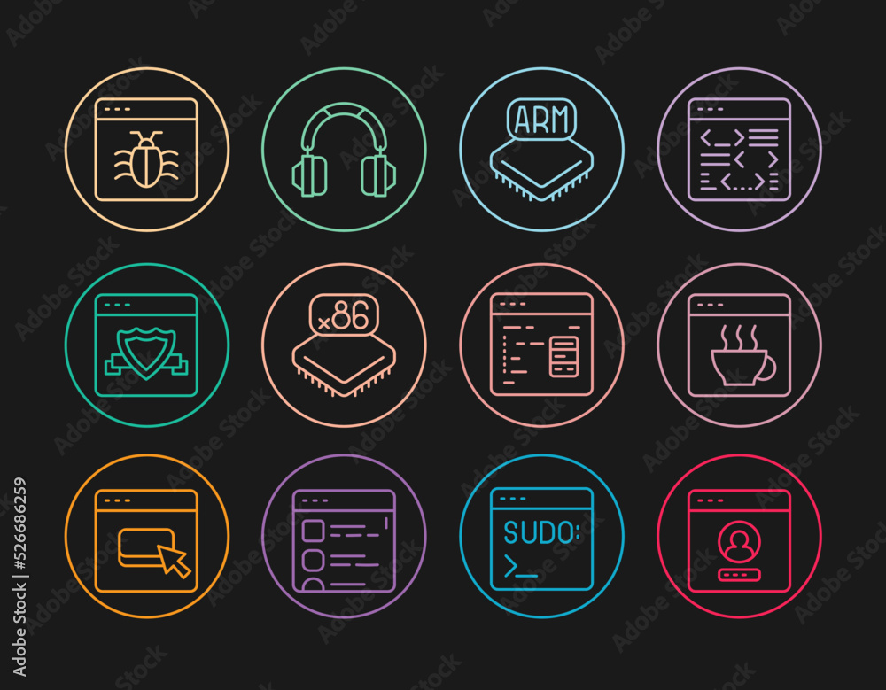 Set line Create account screen, Software, Processor, with microcircuits CPU, Browser shield, System bug, and Headphones icon. Vector