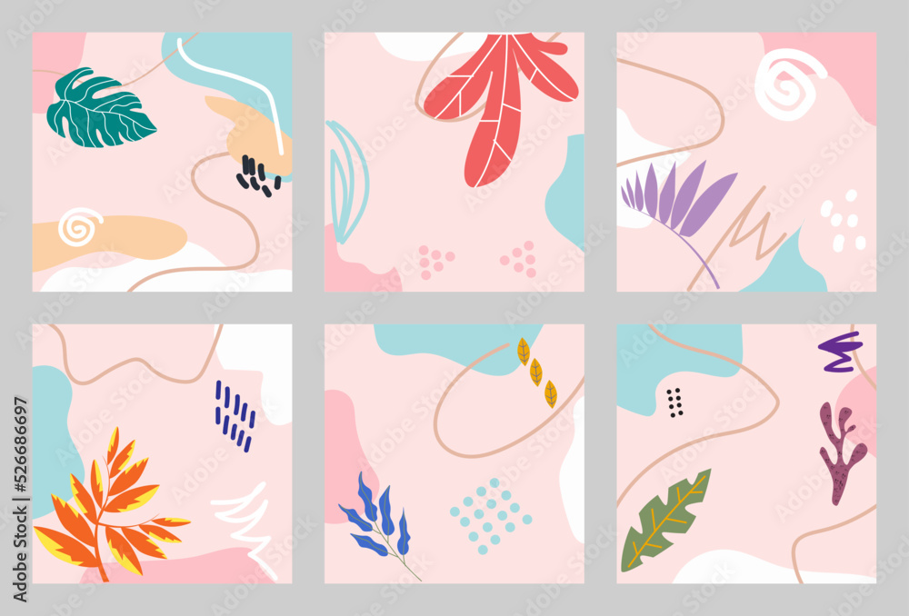 A set of six abstract backgrounds, hand-drawn various shapes and doodles, as well as plant elements, modern minimalistic trendy vector backgrounds, each background is isolated, pastel tone A set of six abstract backgrounds, hand-drawn various shapes and doodles, as well as plant elements, modern minimalistic trendy vector backgrounds, each background is isolated, pastel tone