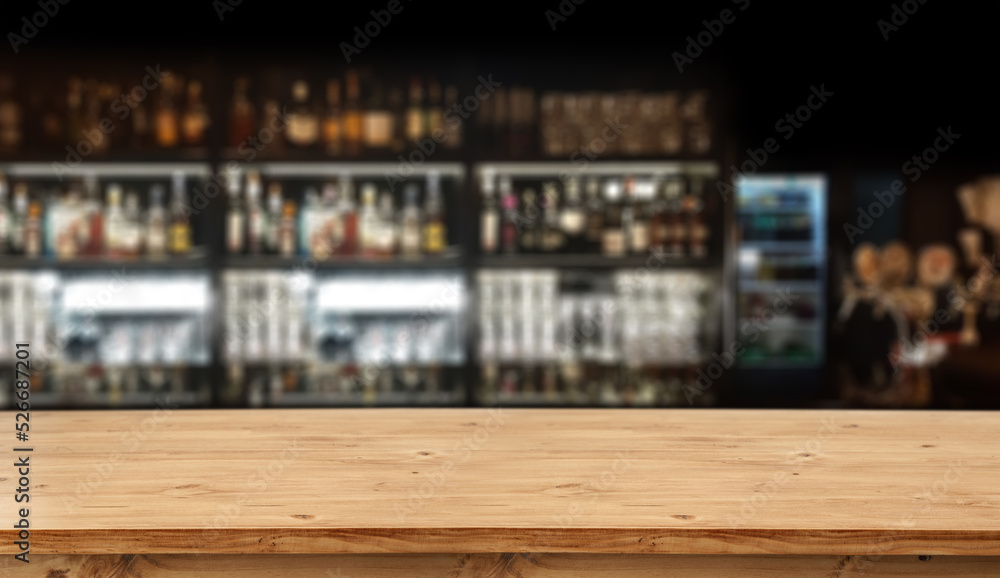 Desk of free space and blurred bar background. 