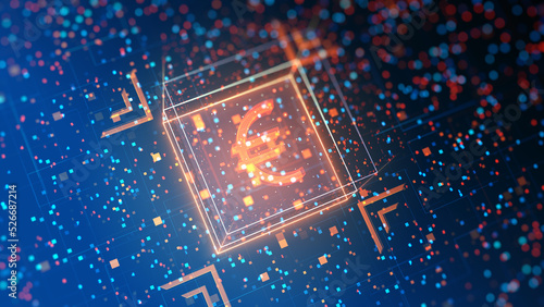 Euro stablecoin currency business and digital money hologram symbol appears on a digital background. Network, cyber technology and computer abstract concept 3d animation.