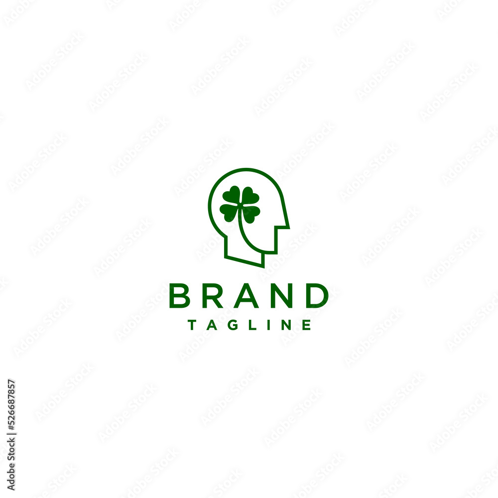 Clover Leaf Icon logo design in Head Silhouette. Logo design in a simple and modern minimalist style. Clover leaves with spreading stems form a silhouette of a human head. Clover Leaf Icon logo design in Head Silhouette. Logo design in a simple and modern minimalist style. Clover leaves with spreading stems form a silhouette of a human head.