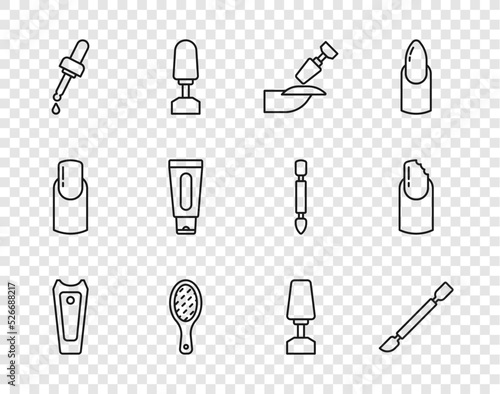 Set line Nail cutter, Cuticle pusher, Milling for manicure, file, Pipette with oil, Tube of hand cream, and Broken nail icon. Vector