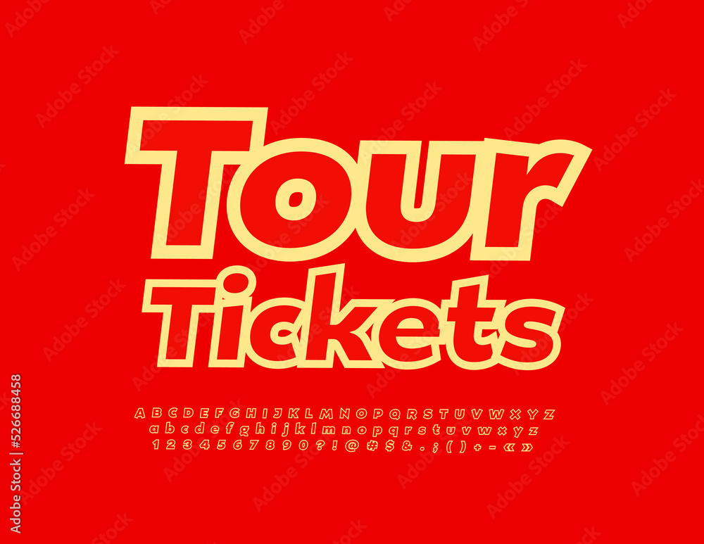 Vector travel template Tour Tickets. Bright funny Font. Creative set of Alphabet Letters, Numbers and Symbols