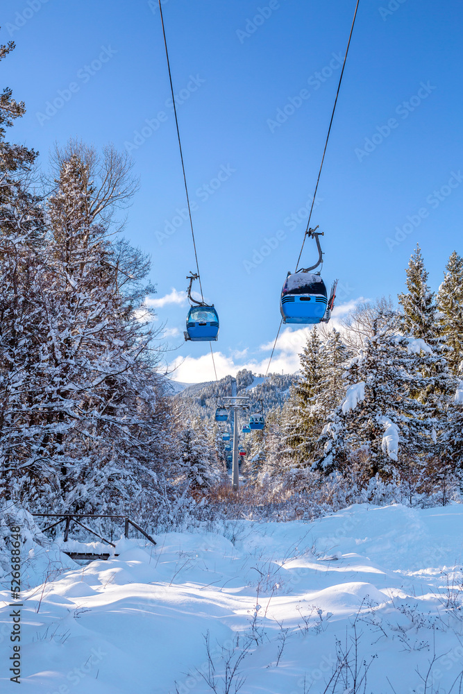 Obraz premium Ski resort Bansko, Bulgaria, cable car gondola