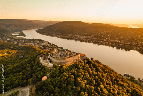 Aerial view about the Visegrad castle in Hungary, near to Danube river and slovakia. Hungarian name is Visegradi fellegvar. Discover the beauties of Hungary castle. photo