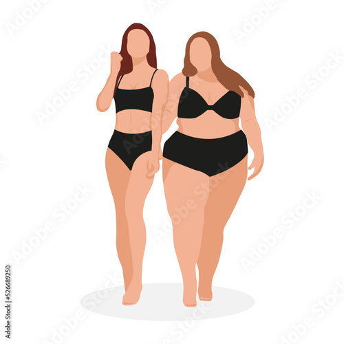 A slim woman and a fat woman wearing black underwear. Front view. Healthy and unhealthy lifestyle. Vector illustration in flat style