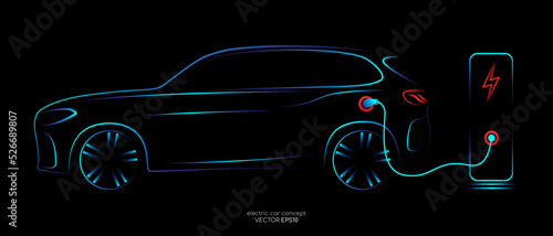 Electric SUV car with charging station by sketch line side view blue green and red glowing light line isolated on black background. Vector illustration.