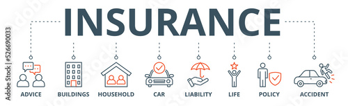Insurance banner web icon vector illustration concept with icon of advice, buildings, household, car, liability, life, policy and accident