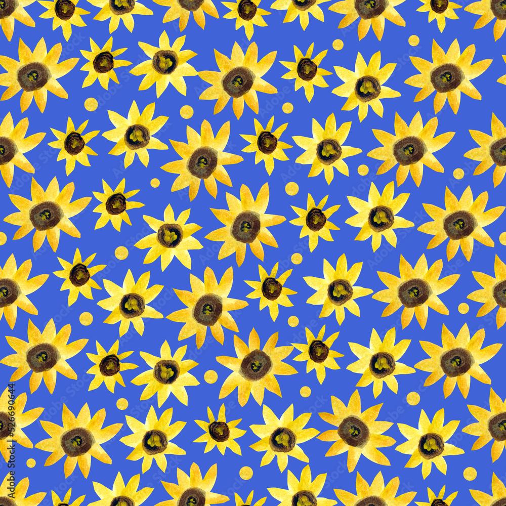 Watercolor seamless pattern with  yellow sunflowers on blue background. Great for fabrics, wrapping papers, wallpapers, covers.