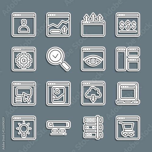 Set line Online shopping on screen, Laptop with browser window, Browser, Magnifying glass check mark, setting, Create account and incognito icon. Vector