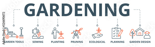 Gardening banner web icon vector illustration concept with icon of garden tools, sowing, planting, pruning, ecological, planning and garden design