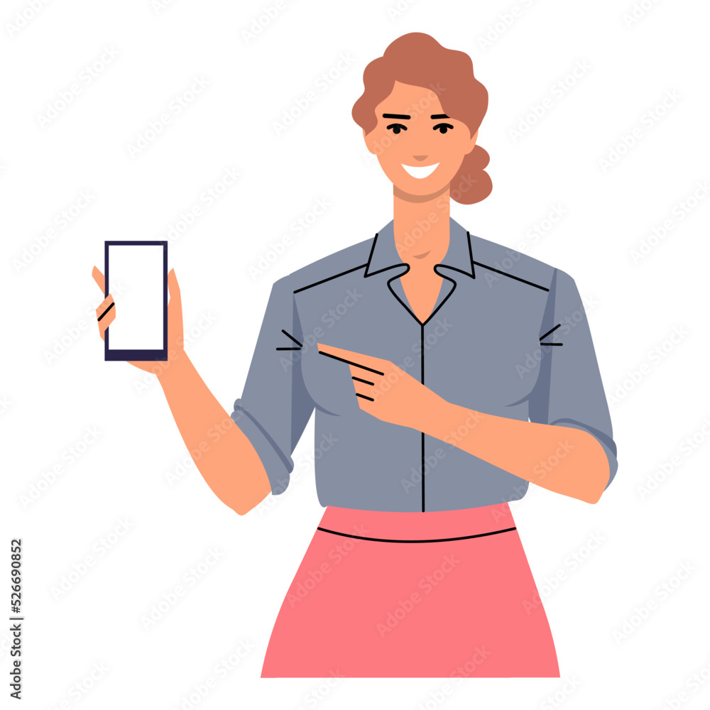 A young woman shows a blank mobile phone screen. Smiling business woman pointing her finger at the phone. Flat style. Vector illustration isolated on white background.