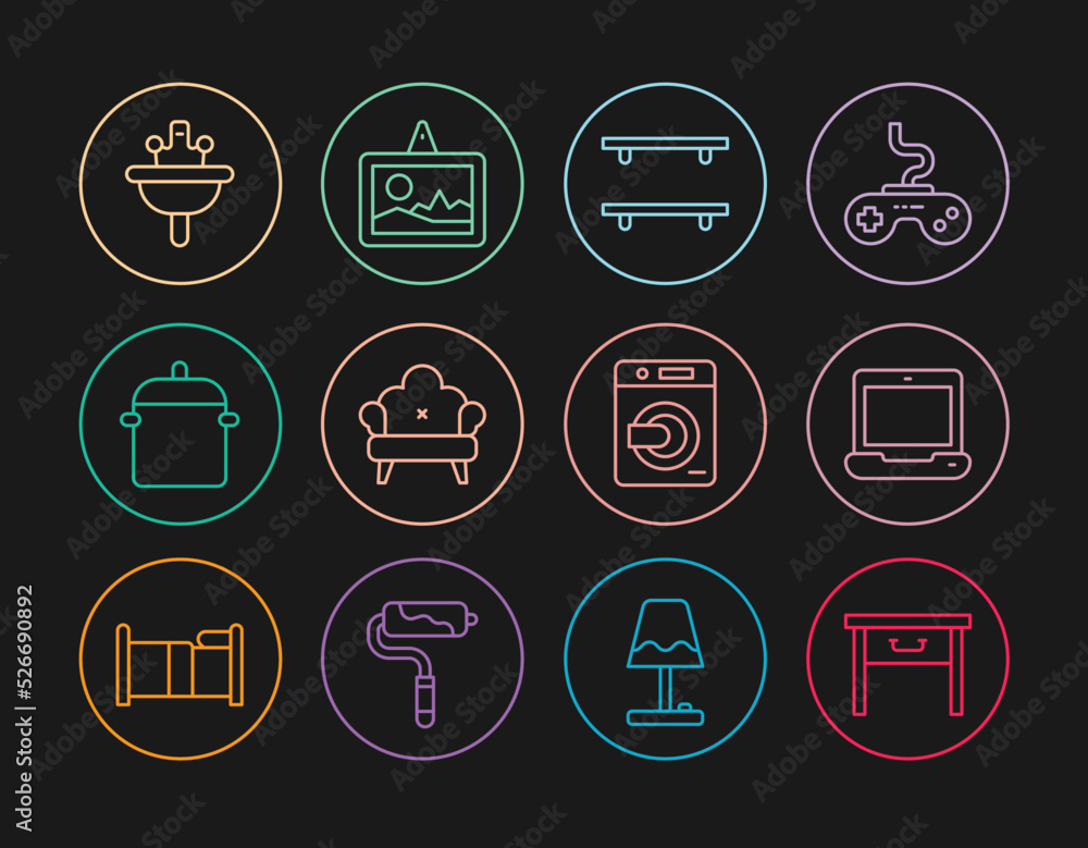 Set line Furniture nightstand, Laptop, Empty wooden shelves, Sofa, Cooking pot, Washbasin, Washer and Picture icon. Vector Set line Furniture nightstand, Laptop, Empty wooden shelves, Sofa, Cooking pot, Washbasin, Washer and Picture icon. Vector