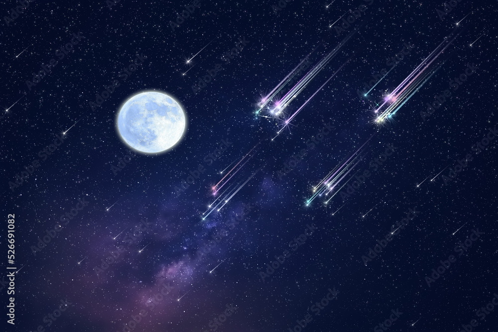 star fall shower moon on blue lilac pink purple starry sky reflection on sea with planet flares universe nebula telescope star fall shower moon on blue lilac pink purple starry sky reflection on sea with planet flares universe nebula telescope