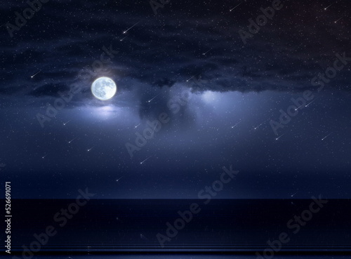 star fall shower moon on blue lilac pink purple  starry sky  reflection on sea with planet flares universe  nebula telescope