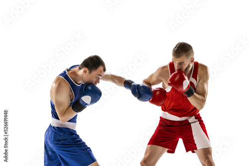 Dynamic portrait of two professional boxer in sports uniform boxing isolated on white background. Concept of sport, competition, training, energy