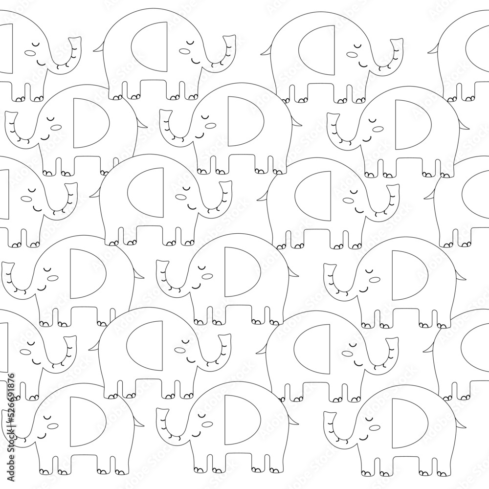 Seamless baby elephant pattern in outline style. Vector illustration