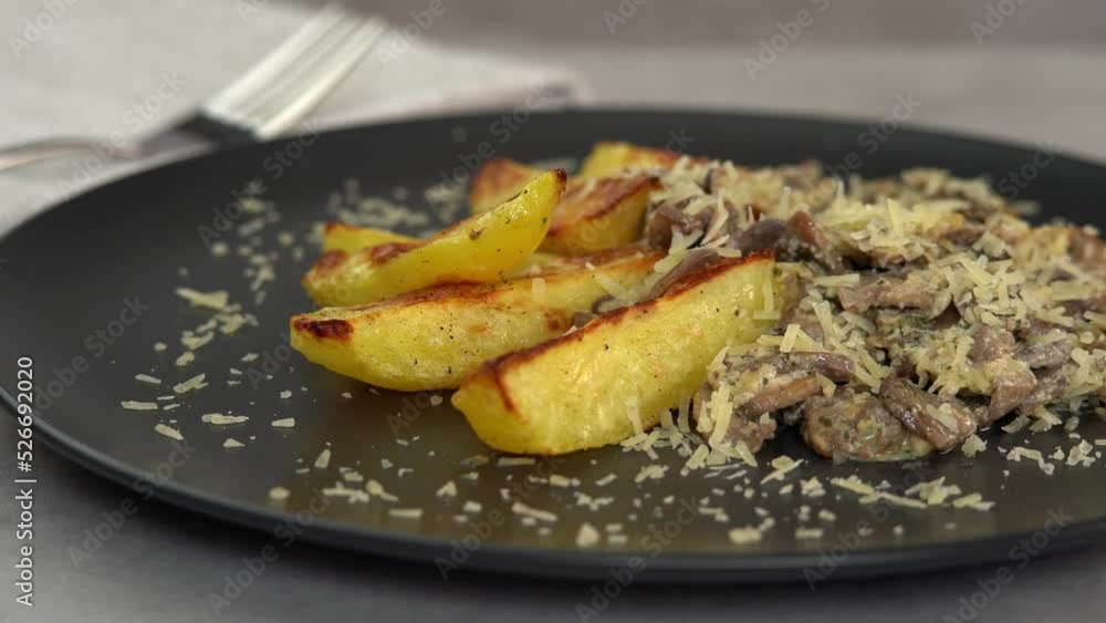 Camera movement on plate with baked potatoes and mushrooms in cream with herbs sprinkled with permesan cheese. Food background. Camera movement on plate with baked potatoes and mushrooms in cream with herbs sprinkled with permesan cheese. Food background.