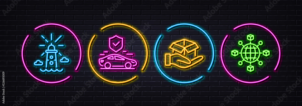 Lighthouse, Hold box and Transport insurance minimal line icons. Neon laser 3d lights. Logistics network icons. For web, application, printing. Vector