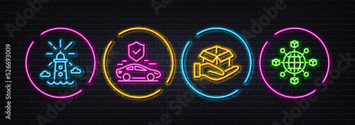 Lighthouse, Hold box and Transport insurance minimal line icons. Neon laser 3d lights. Logistics network icons. For web, application, printing. Vector