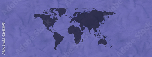 Watercolor background with world map motif. Blue banner or wallpaper. 