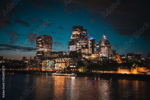Skyline of London at night with the lights