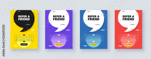 Poster frame with quote, comma. Refer a friend tag. Referral program sign. Advertising reference symbol. Quotation offer bubble. Refer friend message. Vector photo