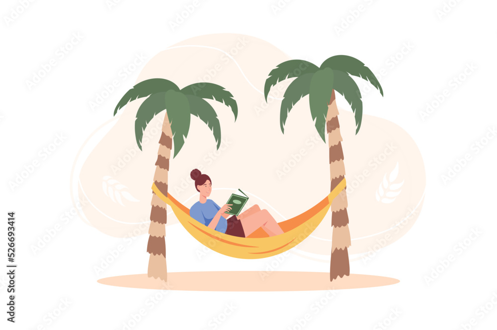 Concept People reading book with people scene in the flat cartoon style. Manager on vacation reads her favorite book among palm trees. Vector illustration.