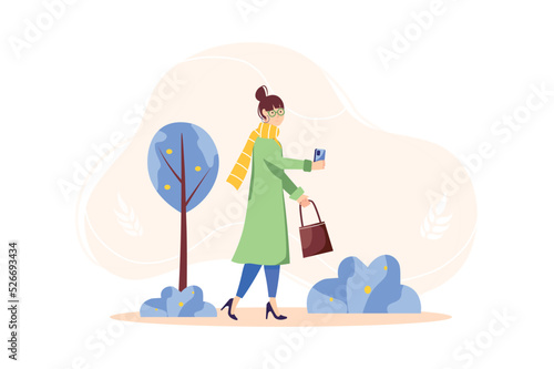 Concept People use gadgets with people scene in the flat cartoon design. Girl uses smartphone to take a selfie against the background of trees. Vector illustration. © Andrey