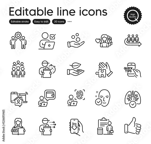 Set of People outline icons. Contains icons as Download app, Accounting and Delivery man elements. Education, Donation money, Puzzle web signs. Lungs, Queue, Woman love elements. Vector