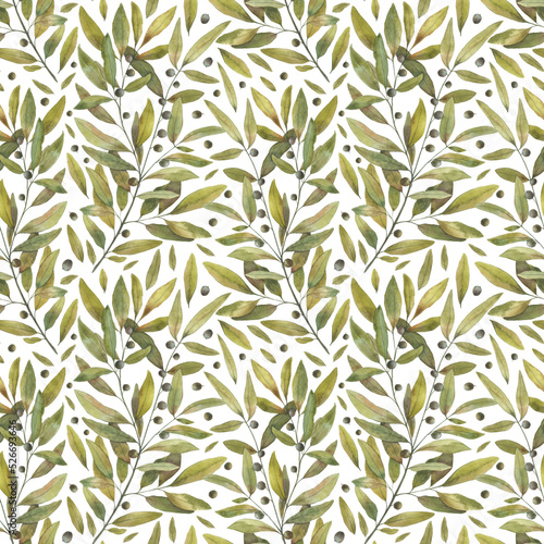 Seamless pattern with olive branch on a white backdrop  hand-drawn in watercolor. Elegant background for cosmetics  fabric  soap packaging  oil packaging  wrapping paper.
