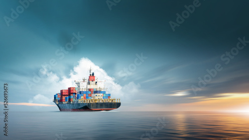 Container cargo ship in ocean at sunset dramatic sky background with copy space, Nautical vessel and sea freight shipping, International global business logistics transportation import export concept