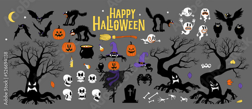 Halloween set with symbols and lettering Happy Halloween. Funny comic spooky characters in cartoon style. Flat vector isolated illustrations.
